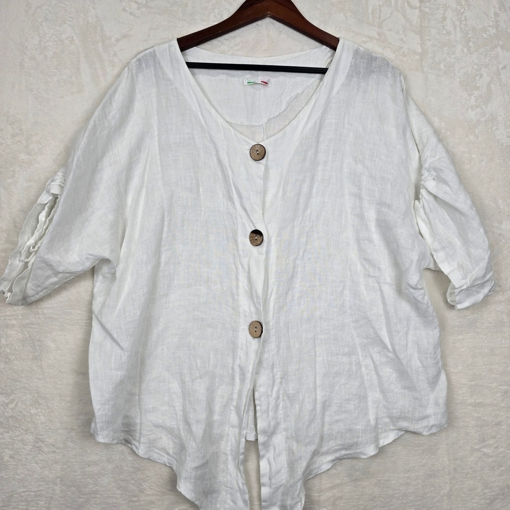 Made in Italy White Linen Oversized Blouse Lagenlook Ruched Sleeve Button Up Top